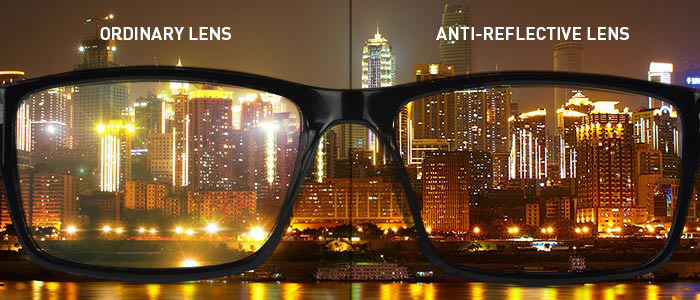 A imagem mostra um comparativo entre as lentes comuns e as lentes antirreflexo.