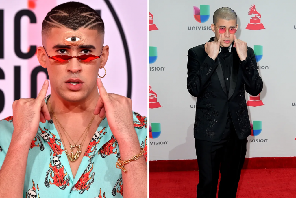 A imagem mostra Bad Bunny com lentes coloridas em seus óculos. 